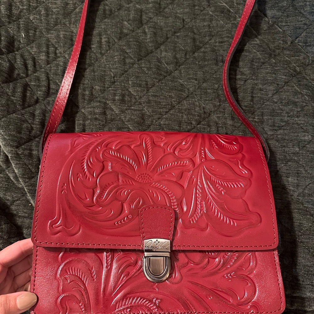 Patricia Nash Hand-Tooled Floral Leather Crossbody Bag - Red